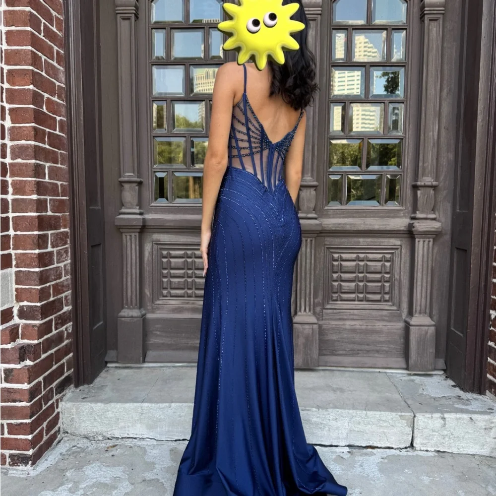 Ellie Wilde Navy Beaded Prom Gown - Picture 2 of 5